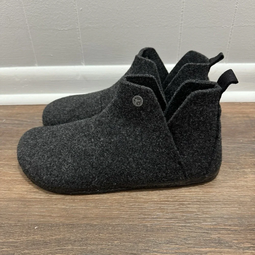 Birkenstock Andermatt Wool Felt Slipper Booties Black Grey Sz 44 Shearling Lined